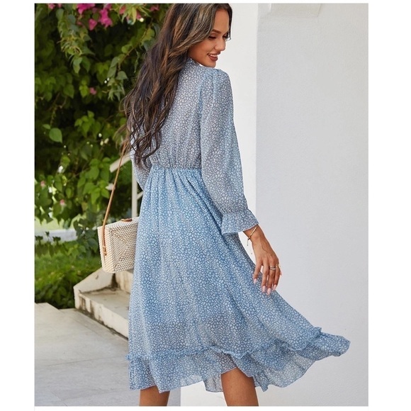 blue dress with long sleeves and ruffles summer dress M - Picture 5 of 7